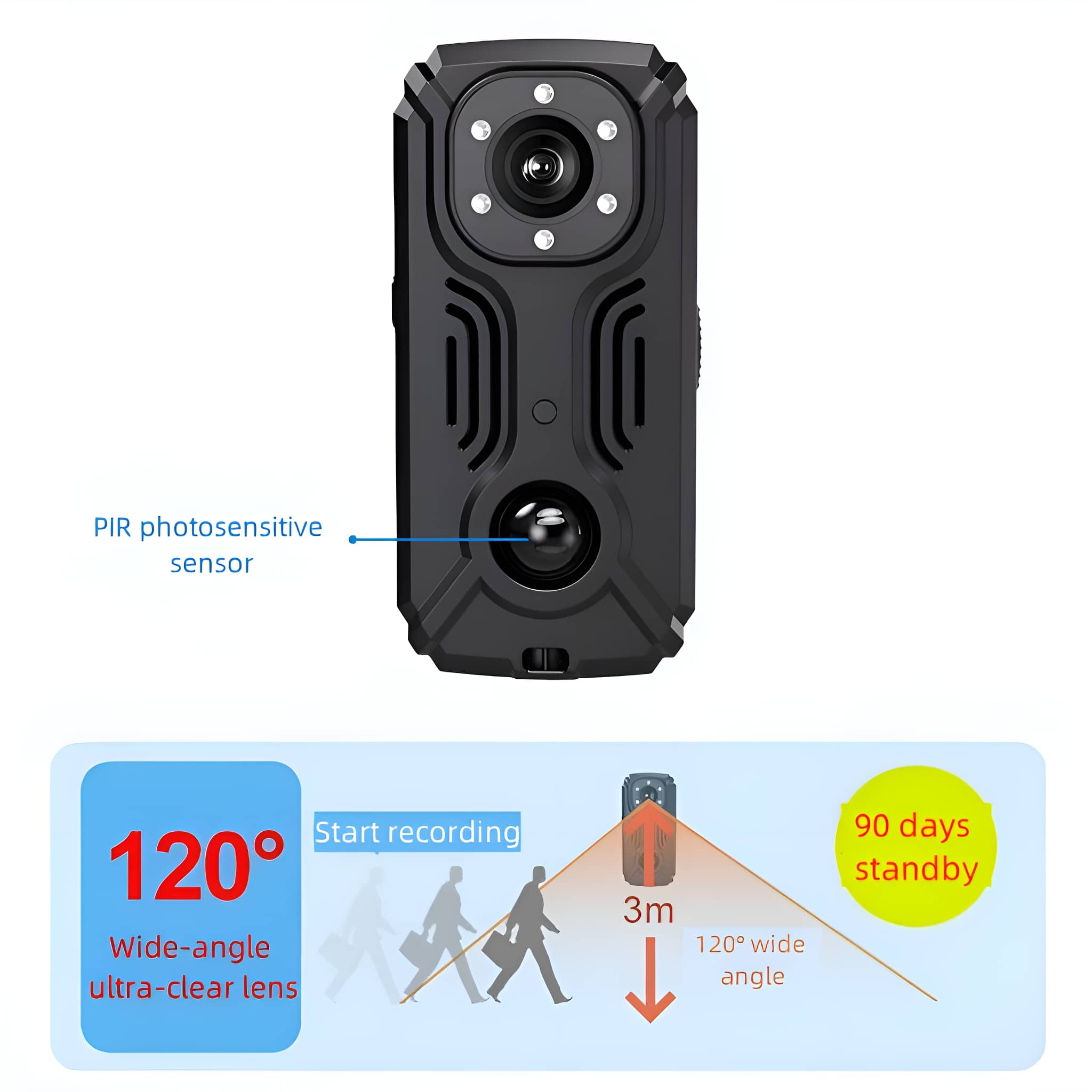 Schwarze Körperkamera mit Sensor und Diagramm der Aufnahme- und Standby-Funktionen.