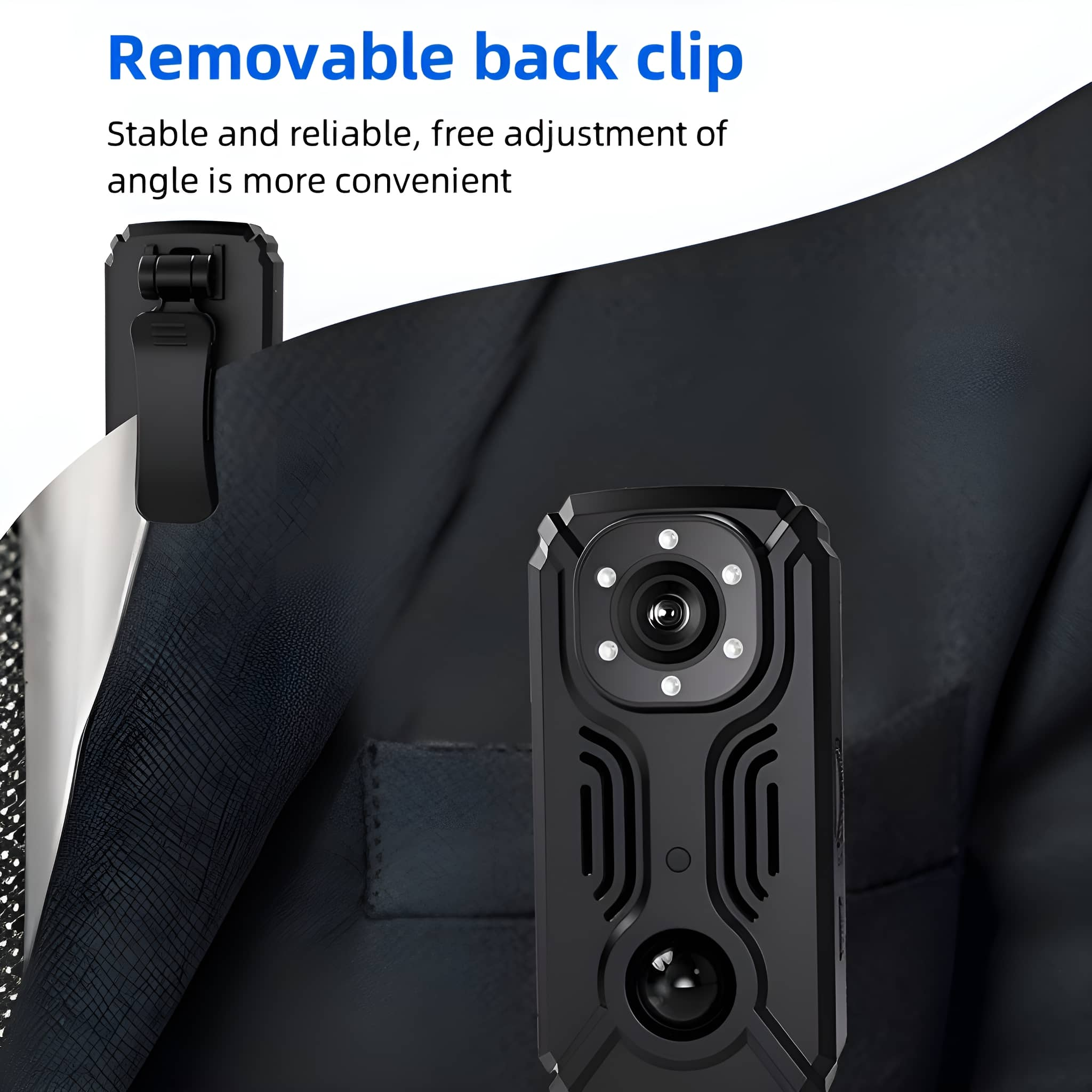 Schwarze Körperkamera an schwarzer Jacke befestigt. Text: abnehmbarer Clip und Winkel.