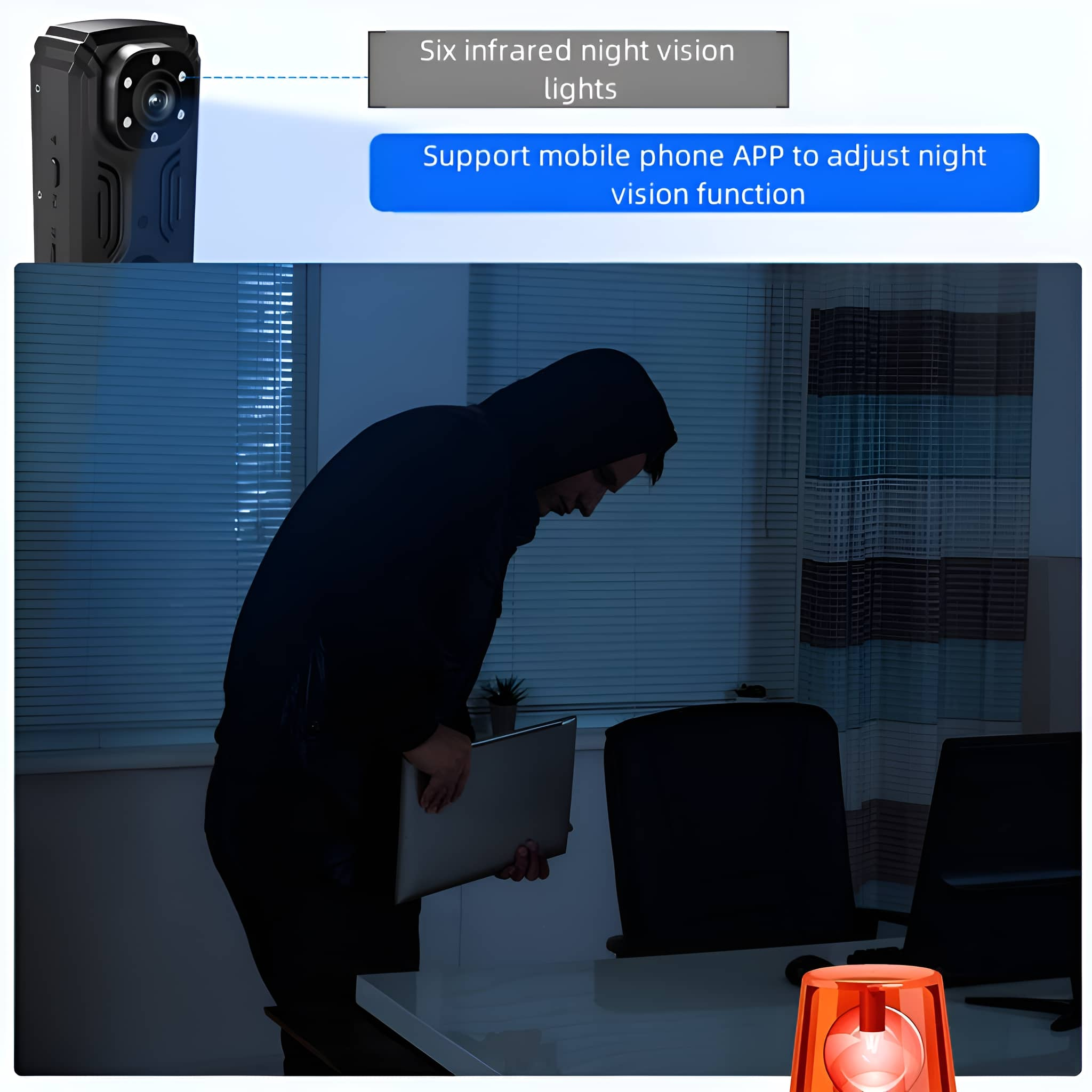 Person im Kapuzenpullover mit Laptop, Kamera und rotem Blinklicht.