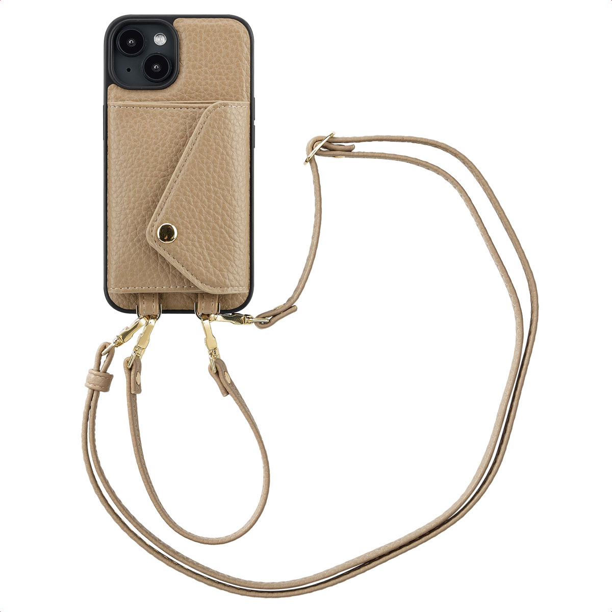 Coque de téléphone beige avec sangle et porte-cartes. Quincaillerie dorée, fond blanc.
