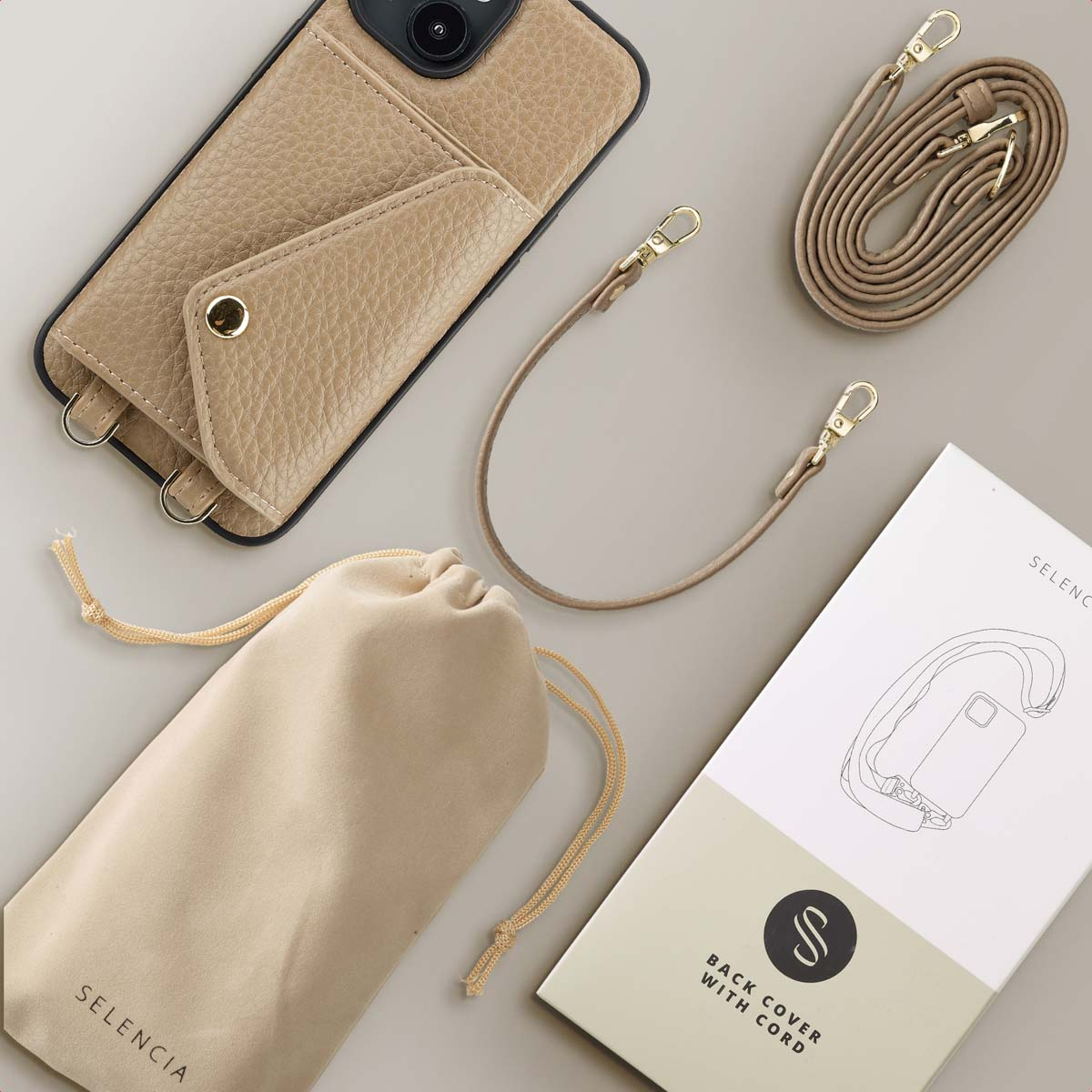 SELENCIA Coque avec lanière compatible avec iPhone 14 Étui de Téléphone voor Apple iPhone 14 Beige