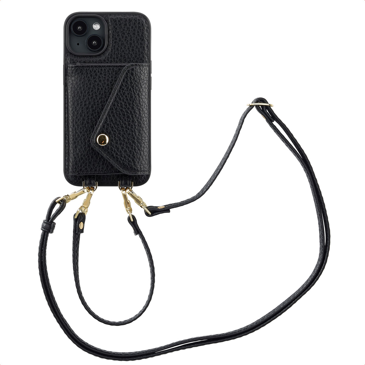 Zwart telefoonhoesje met een zakje en een koord. Het hoesje heeft een zakje voor kaarten. Het koord is bevestigd.
