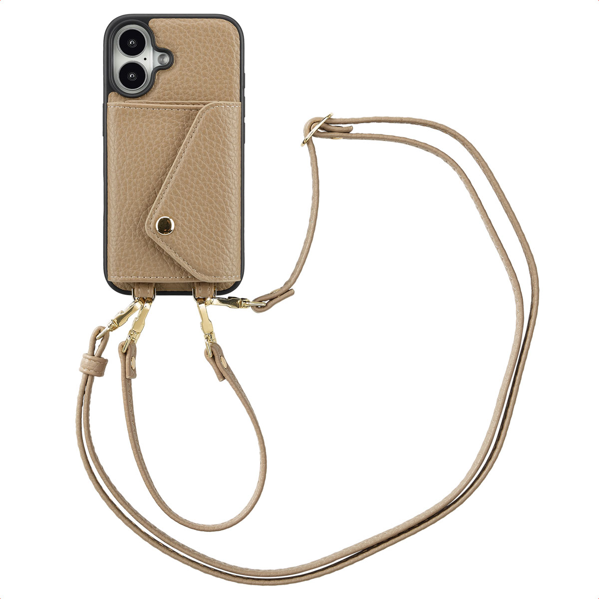 Téléphone avec un étui en cuir beige, attaché à une sangle avec une fente pour carte. Quincaillerie dorée.