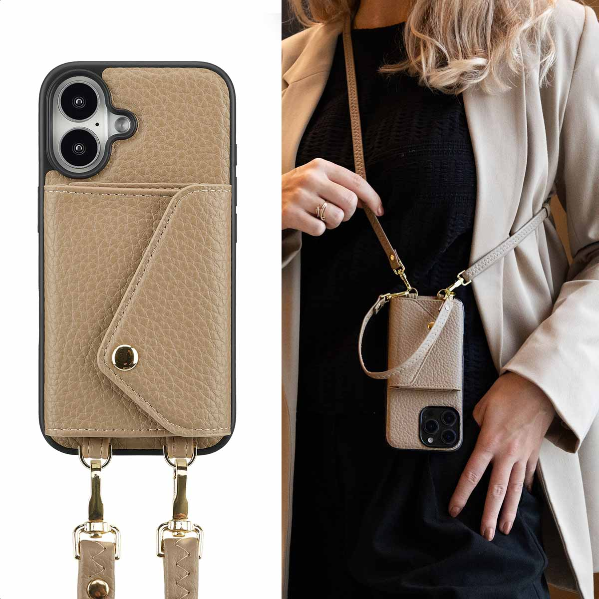 SELENCIA Coque avec lanière compatible avec iPhone 16 Étui de Téléphone voor Apple iPhone 16 Beige