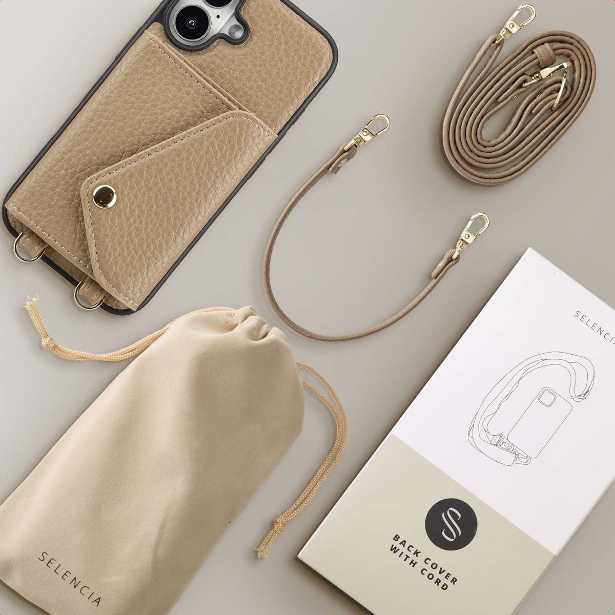 SELENCIA Coque avec lanière compatible avec iPhone 16 Étui de Téléphone voor Apple iPhone 16 Beige