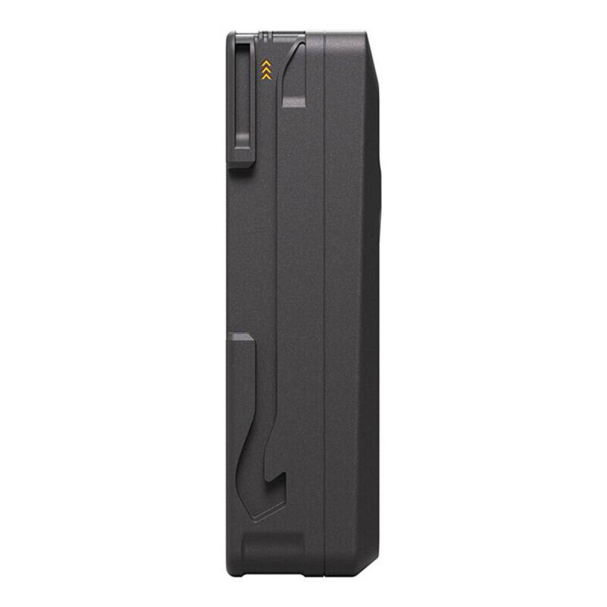 Schwarzes Gerät. Pfeile oben. Seitenansicht. Solider Hintergrund.