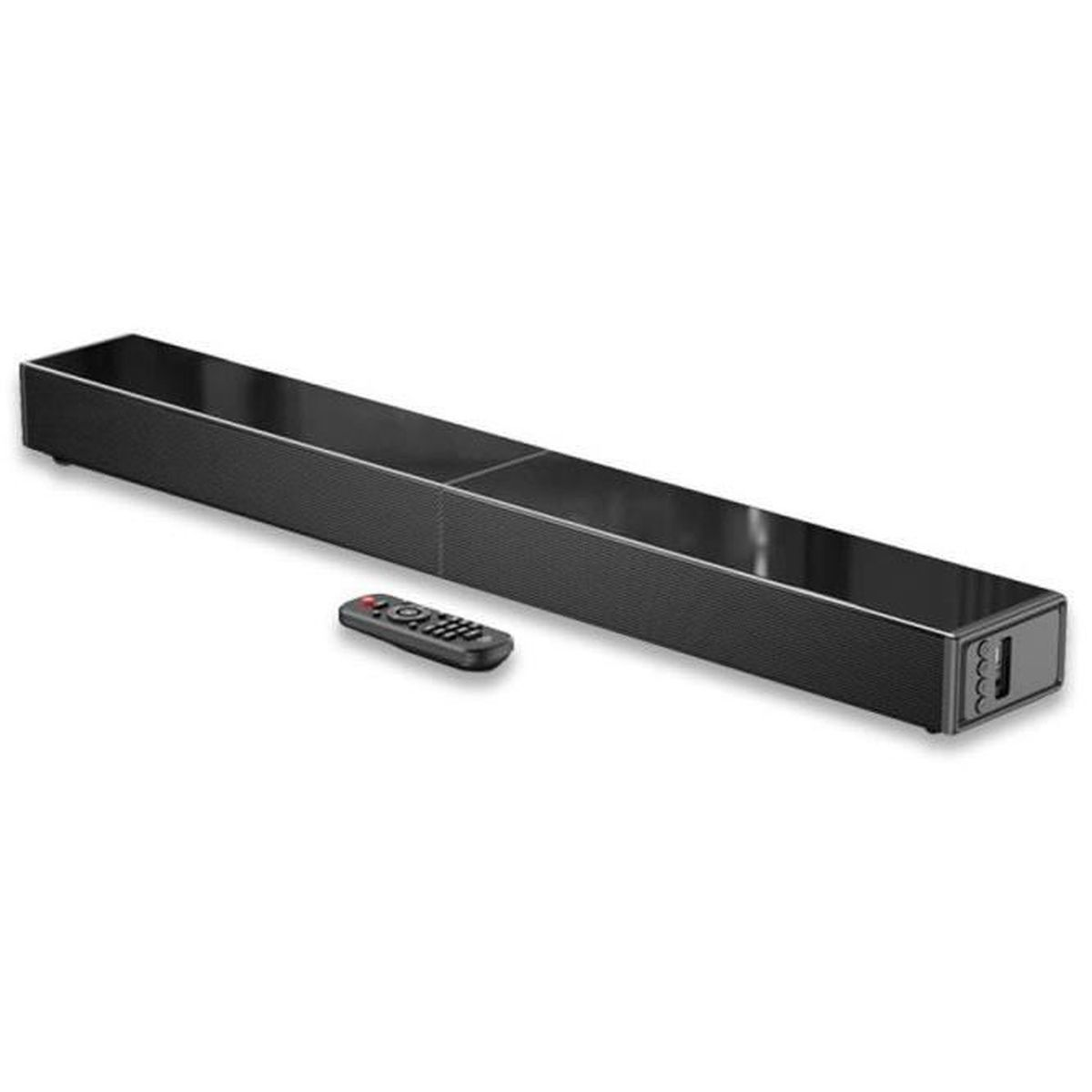 Schwarze Soundbar mit Fernbedienung. Die Leiste ist lang und rechteckig. Der Hintergrund ist weiß.