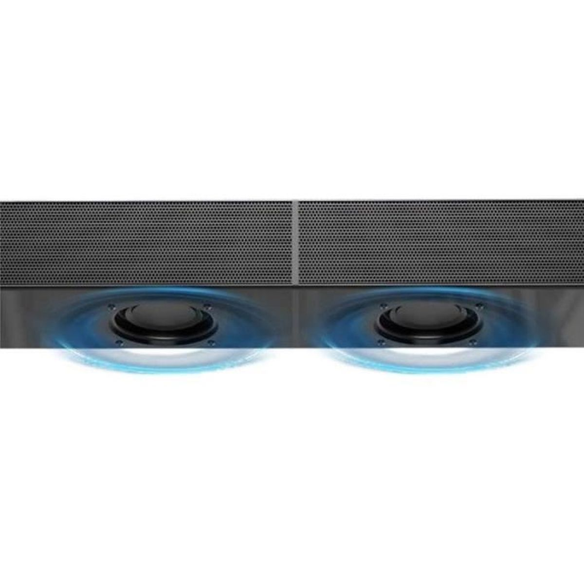 Zwei schwarze Lüftungsschlitze mit kreisförmigen Lautsprechern, die blaues Licht aussenden.