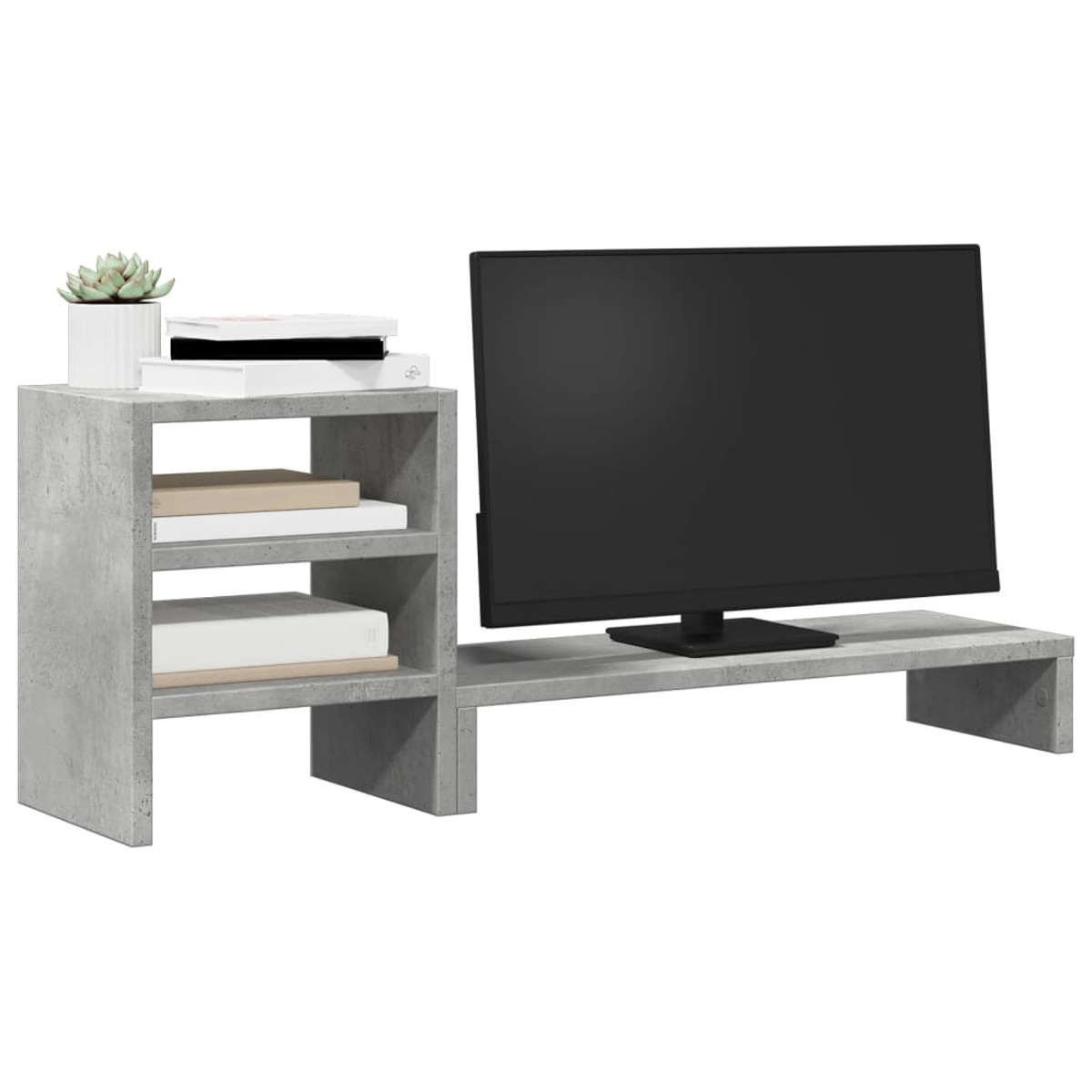 Ein TV-Ständer im Betonstil mit einem Fernseher oben und Regalen, mit einer kleinen Pflanze und gestapelten Büchern daneben.