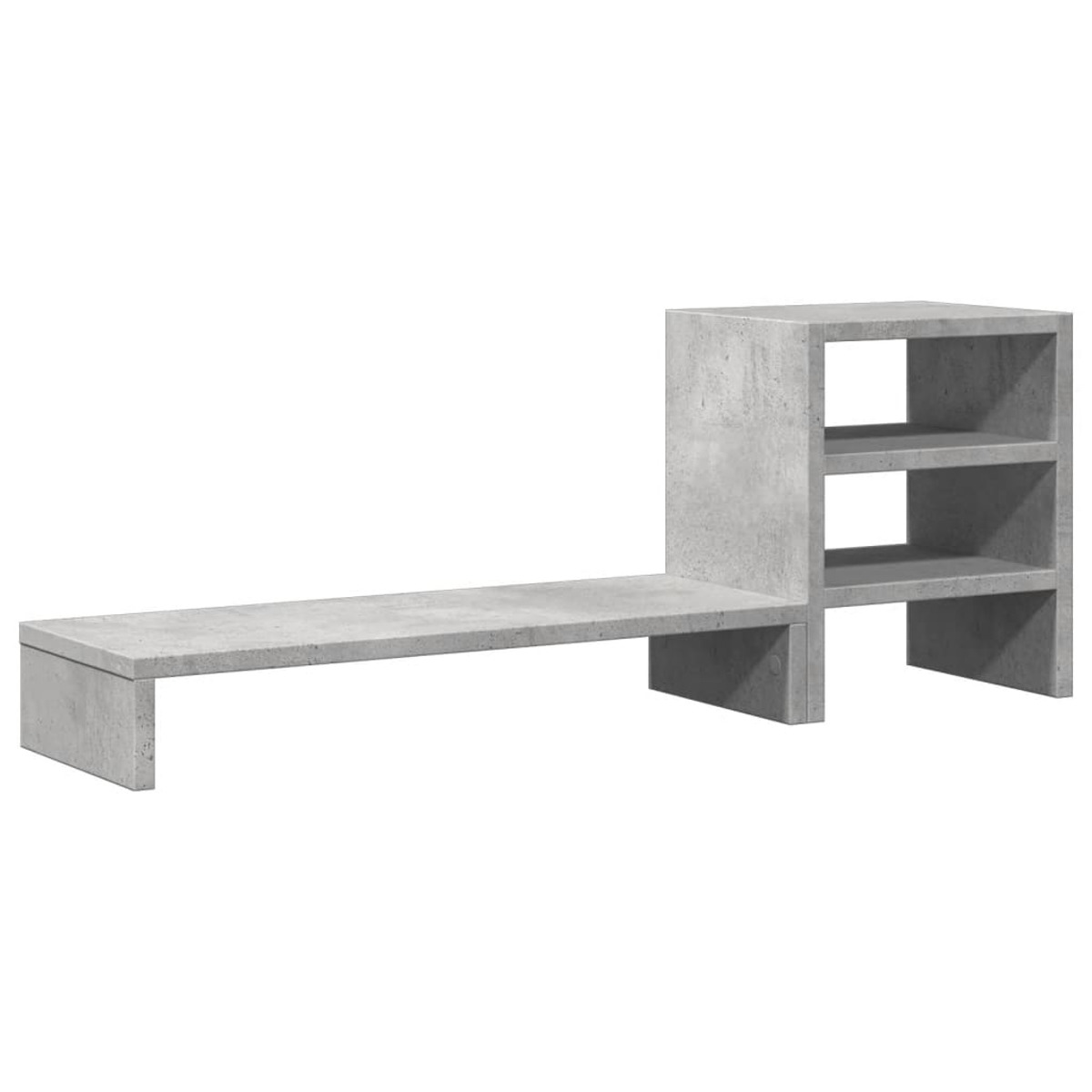Graues, betonartiges Regal mit langer Oberseite und einer rechtsseitigen, zweiregaligen vertikalen Struktur.