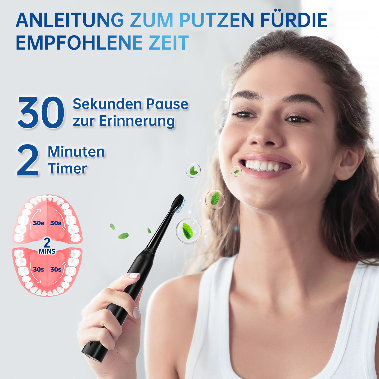 Frau lächelt, hält eine schwarze elektrische Zahnbürste neben Anweisungen zur Putzzeit und Erinnerungen.