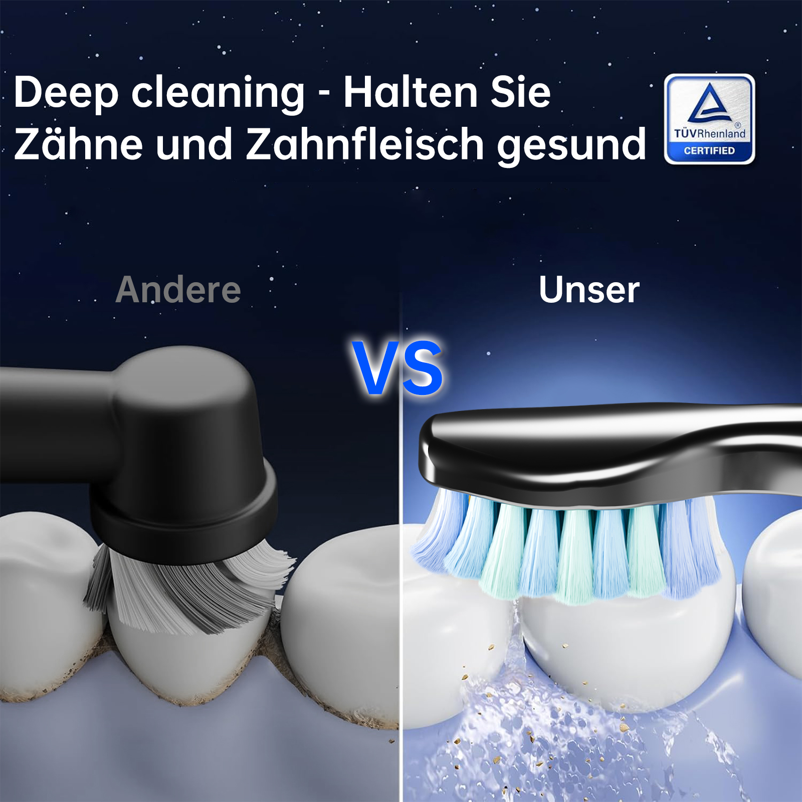 Zwei Zahnbürsten putzen Zähne. Eine ist schwarz, eine weiß-blau. Text oben.