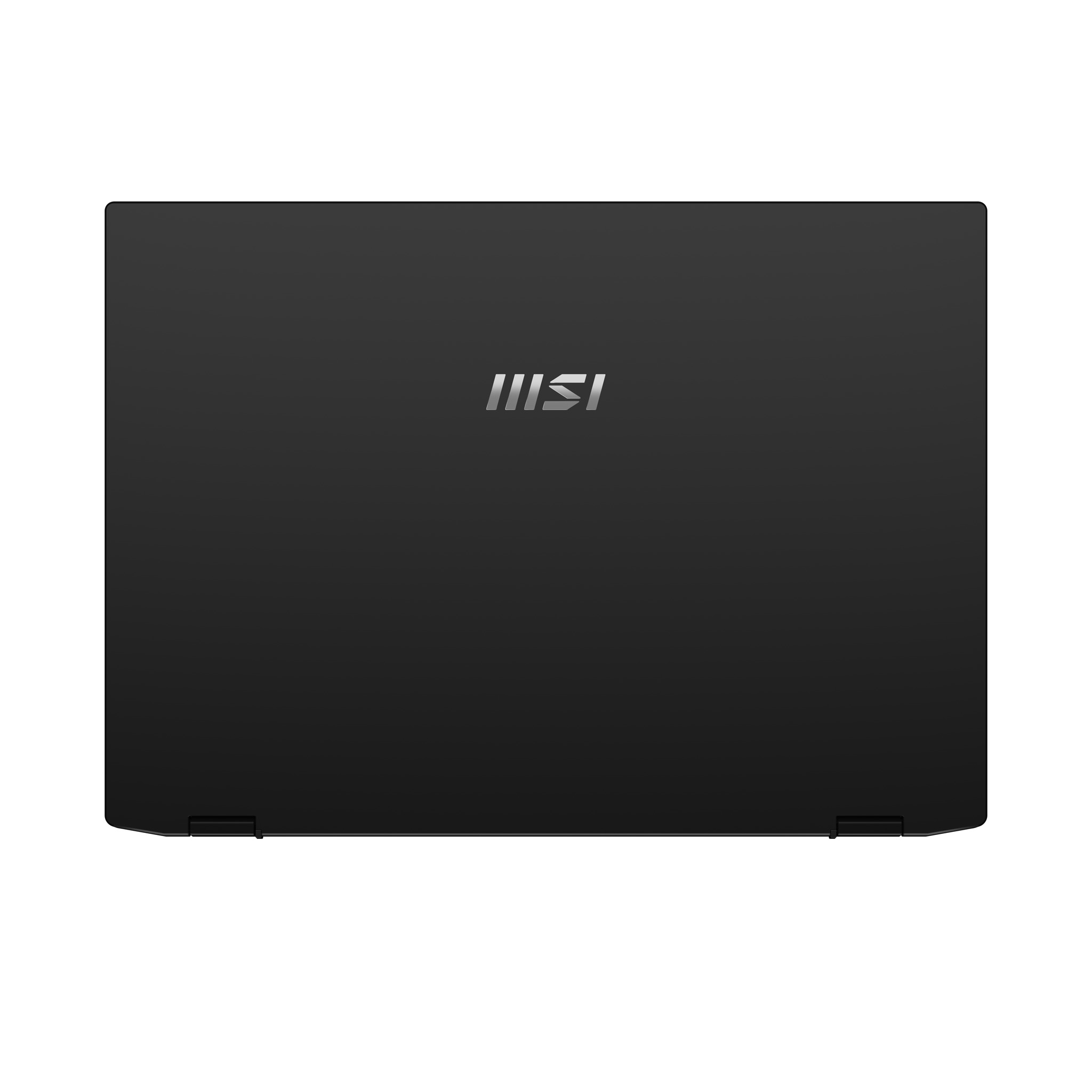 Tył czarnego laptopa z logo MSI w kolorze srebrnym.