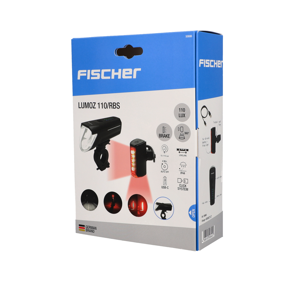 Verpackte Fahrradlichter, darunter ein Frontlicht und ein Rücklicht, zusammen mit weiterem Zubehör.