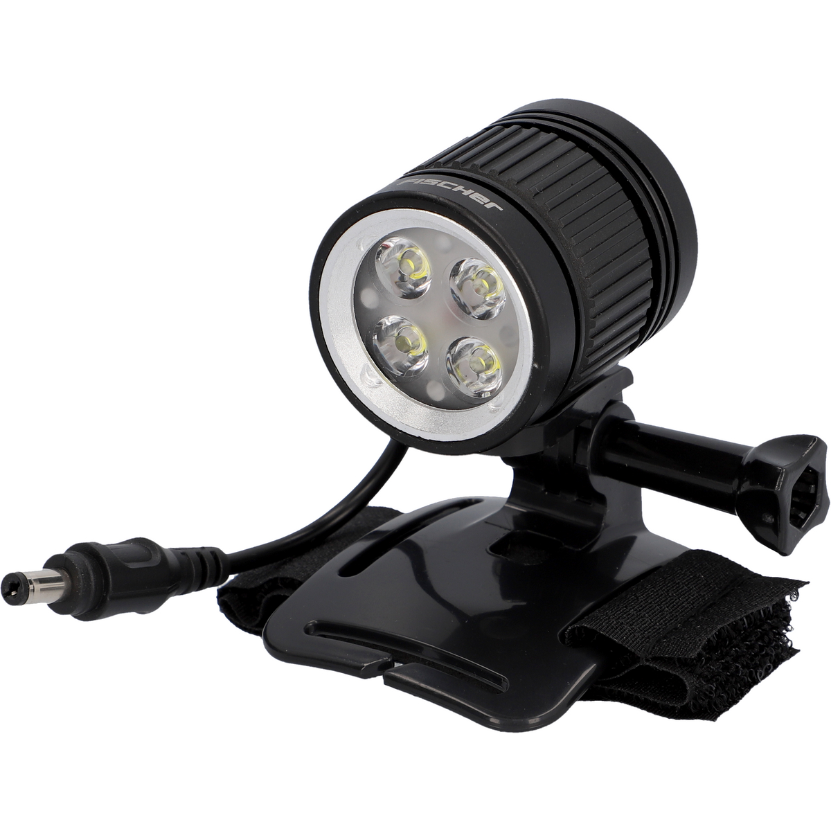 Schwarze Unterwasser-Taschenlampe mit vier Lichtern. An schwarzer Basis.
