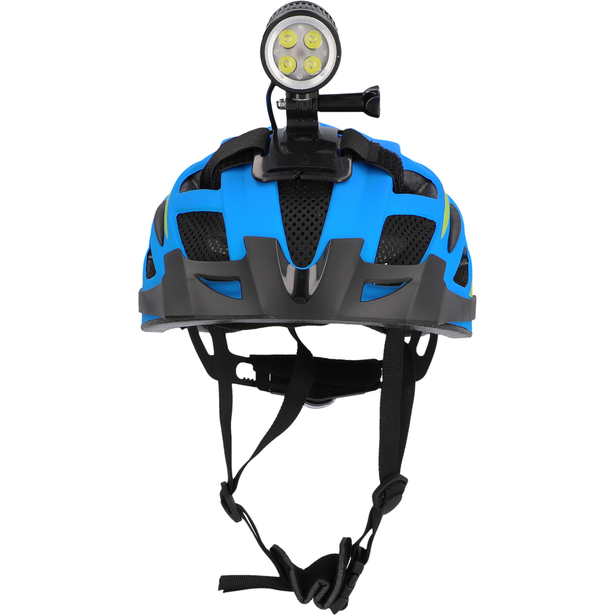 Blauer Fahrradhelm mit Licht und Kamera oben montiert. Schwarze Riemen sichtbar.