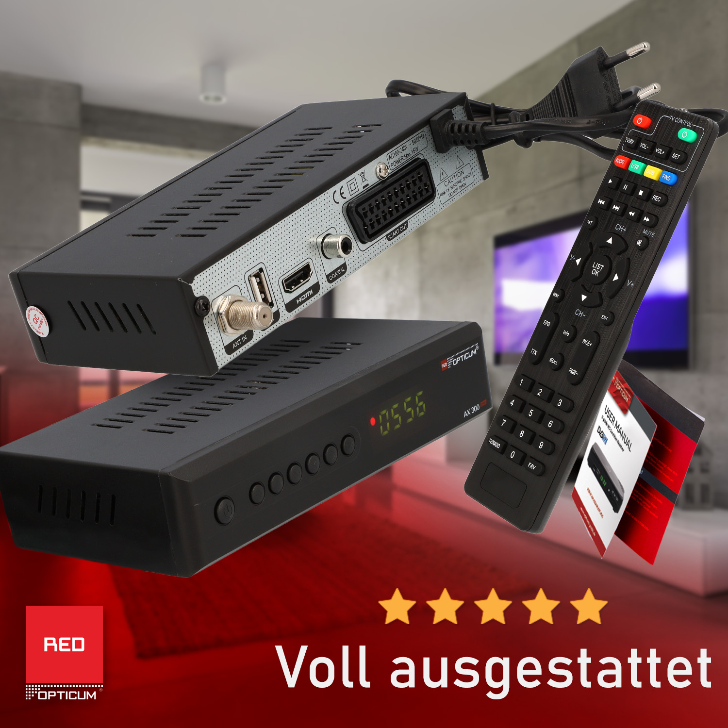 Zwei schwarze Set-Top-Boxen, eine Fernbedienung und eine Bedienungsanleitung. Text auf Deutsch: voll ausgestattet.