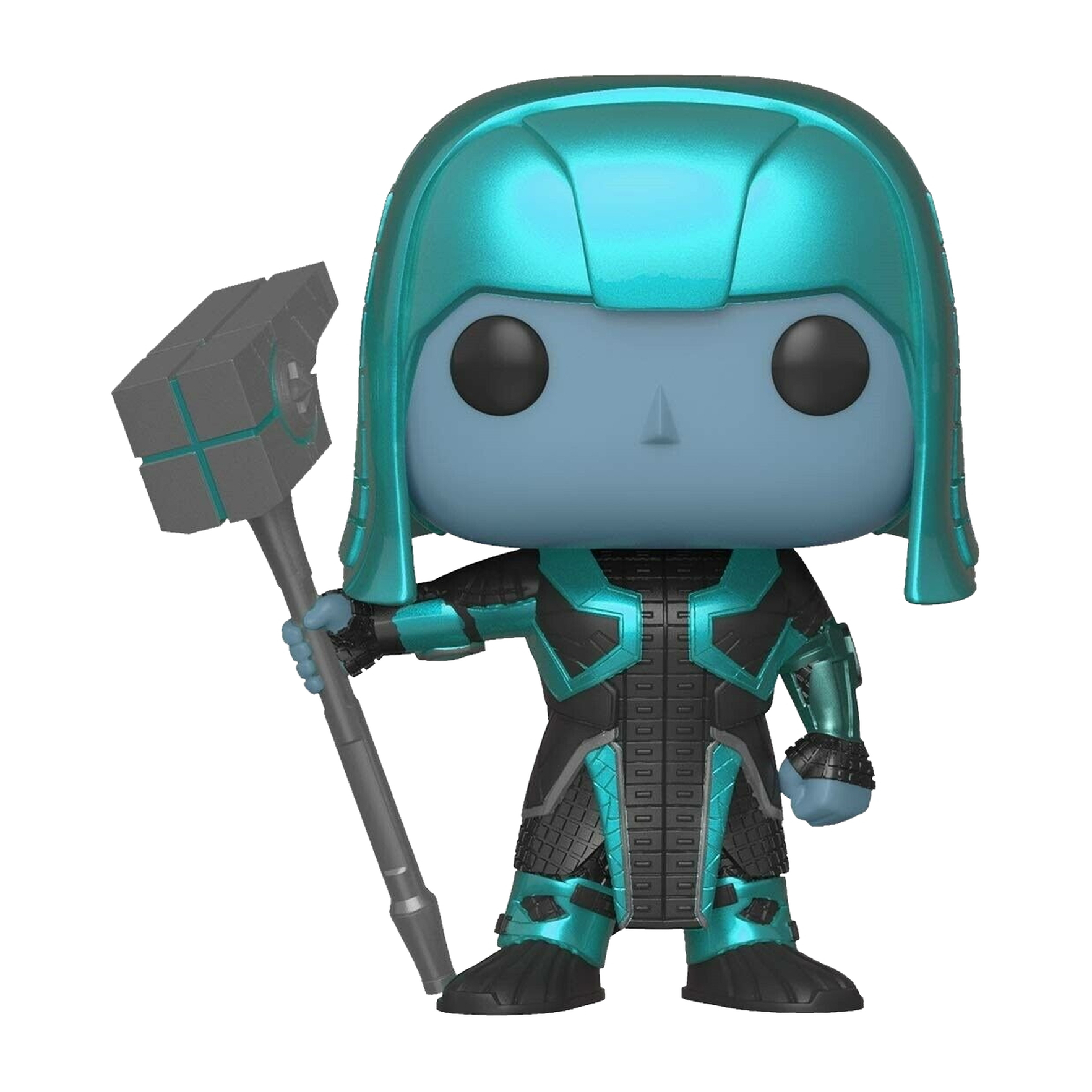 Eine teal-farbene Funko Pop Figur einer Figur, die einen Hammer hält.