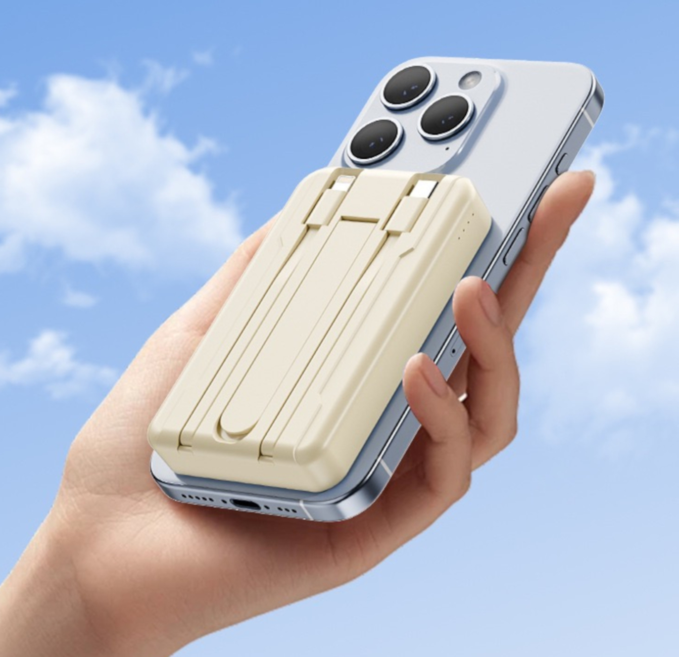 Eine Hand, die ein Telefon mit einer cremefarbenen Powerbank hält, blauer Himmel im Hintergrund.