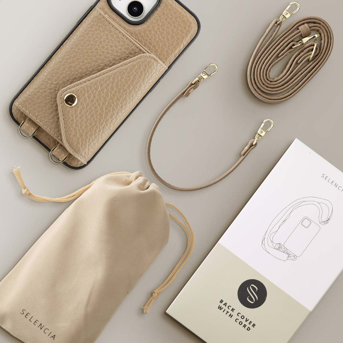SELENCIA Coque avec lanière compatible avec iPhone 13/ iPhone 14 Étui de Téléphone voor Apple iPhone 13/ iPhone 14 Beige