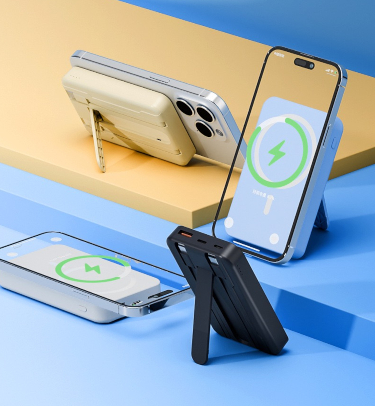 Mehrere Telefone mit Powerbanks. Ein Telefon zeigt eine Ladeanzeige. Ständer werden verwendet.