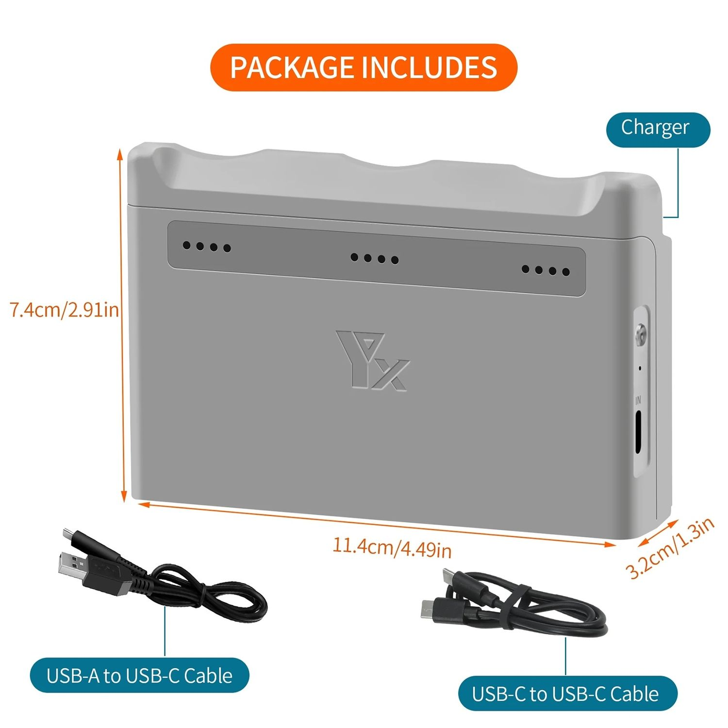Graue Ladestation mit Kabeln. Enthält USB-A-zu-USB-C und USB-C-zu-USB-C Kabel.