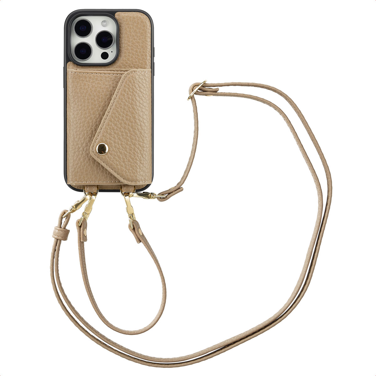 Beige telefoonhoesje met een bandje, met een telefoon met meerdere camera's.
