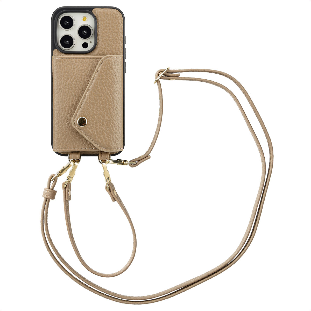 Coque de téléphone avec sangle. L'étui est de couleur beige et possède une sangle.