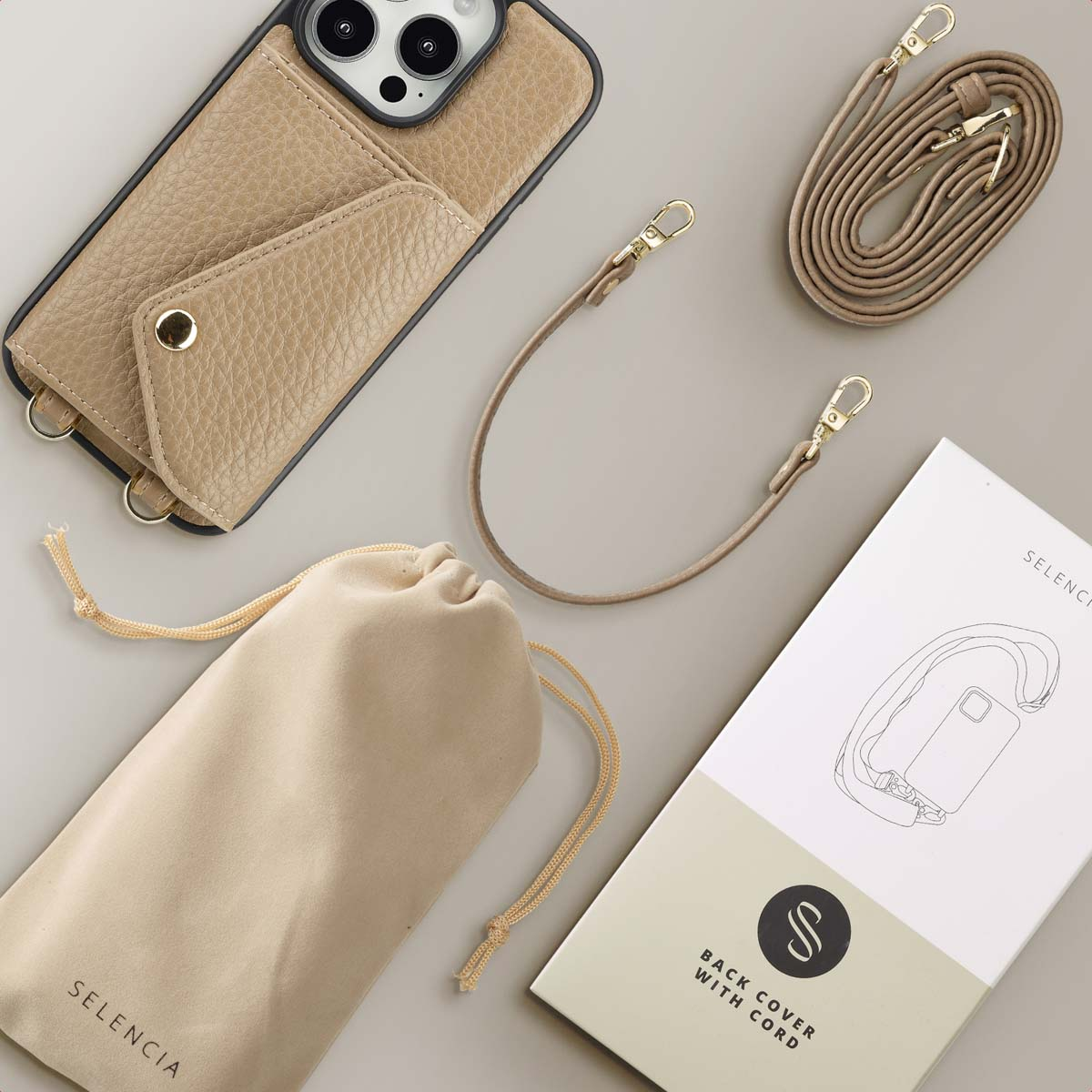 SELENCIA Sera Koordhoes met pashouder envelop - Geschikt voor Apple iPhone 16 Pro - Telefoonhoesje voor Apple iPhone 16 Pro Beige