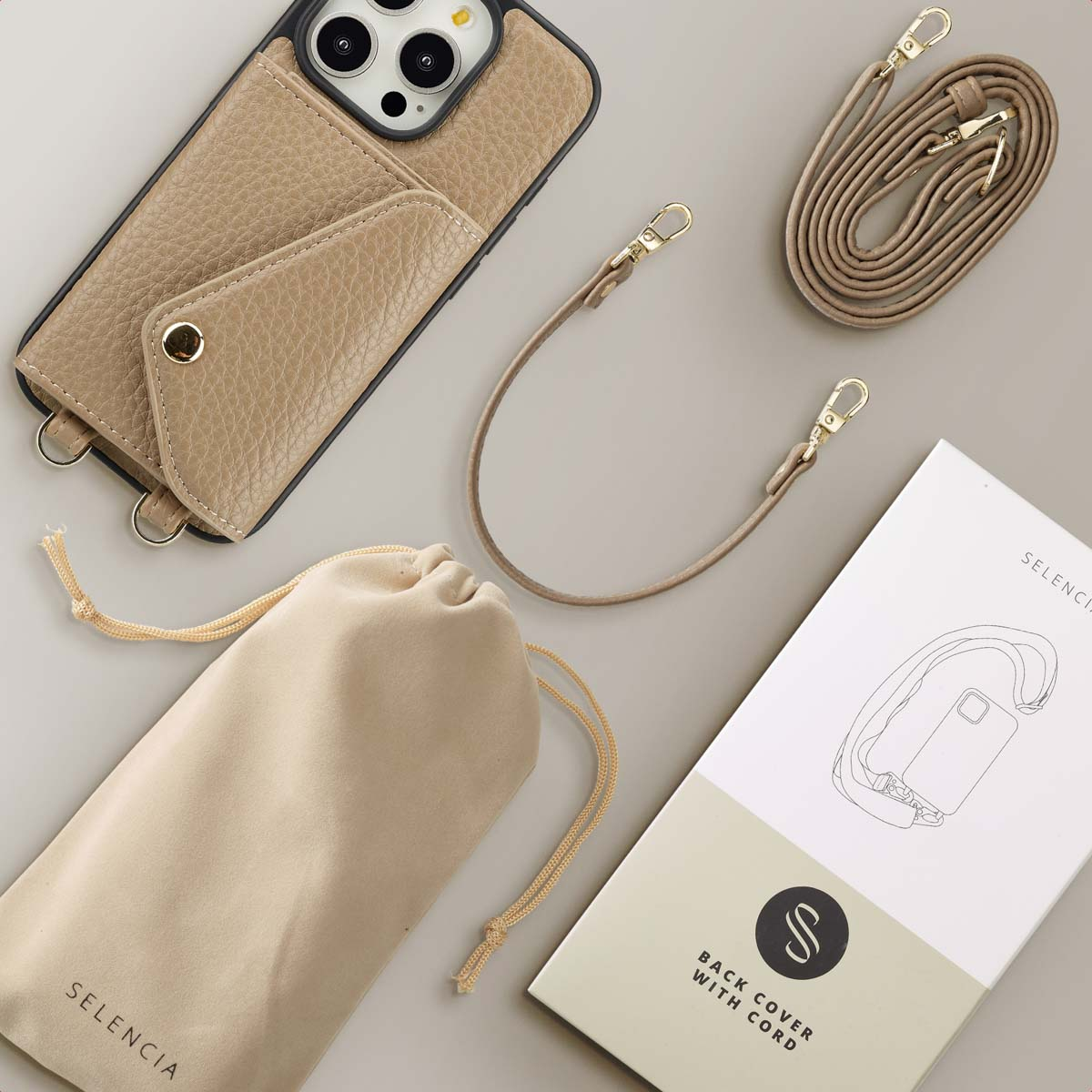 SELENCIA Coque avec lanière compatible avec iPhone 15 Pro Étui de Téléphone voor Apple iPhone 15 Pro Beige
