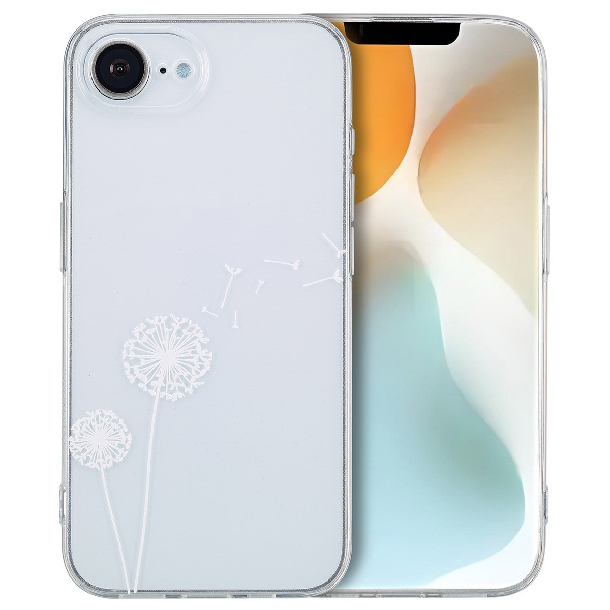 Transparente Handyhülle mit Löwenzahndesign, zeigt ein Telefon. Das Telefon ist weiß.