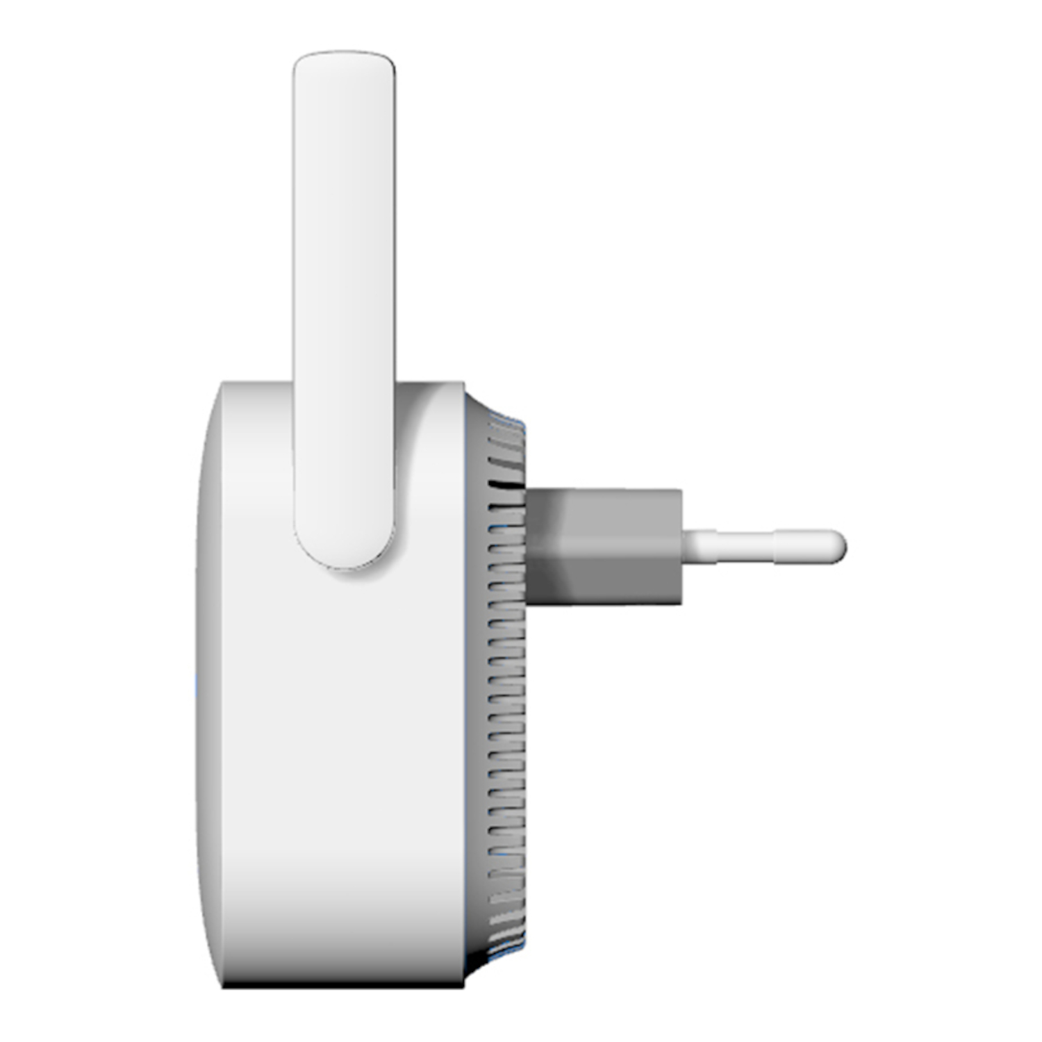 Ein weißer WLAN-Repeater mit Stecker und Antenne an der Seite.