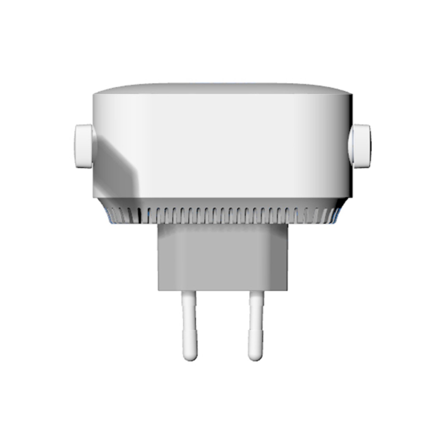 Ein weißer Stecker für eine Steckdose mit zwei Stiften und einem grauen Sockel.