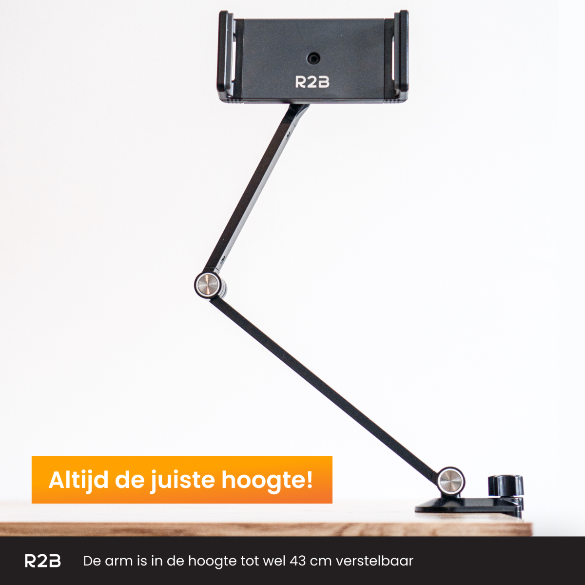Ein schwarzer Telefonhalter mit verstellbarem Arm, Text: "Immer die richtige Höhe!"