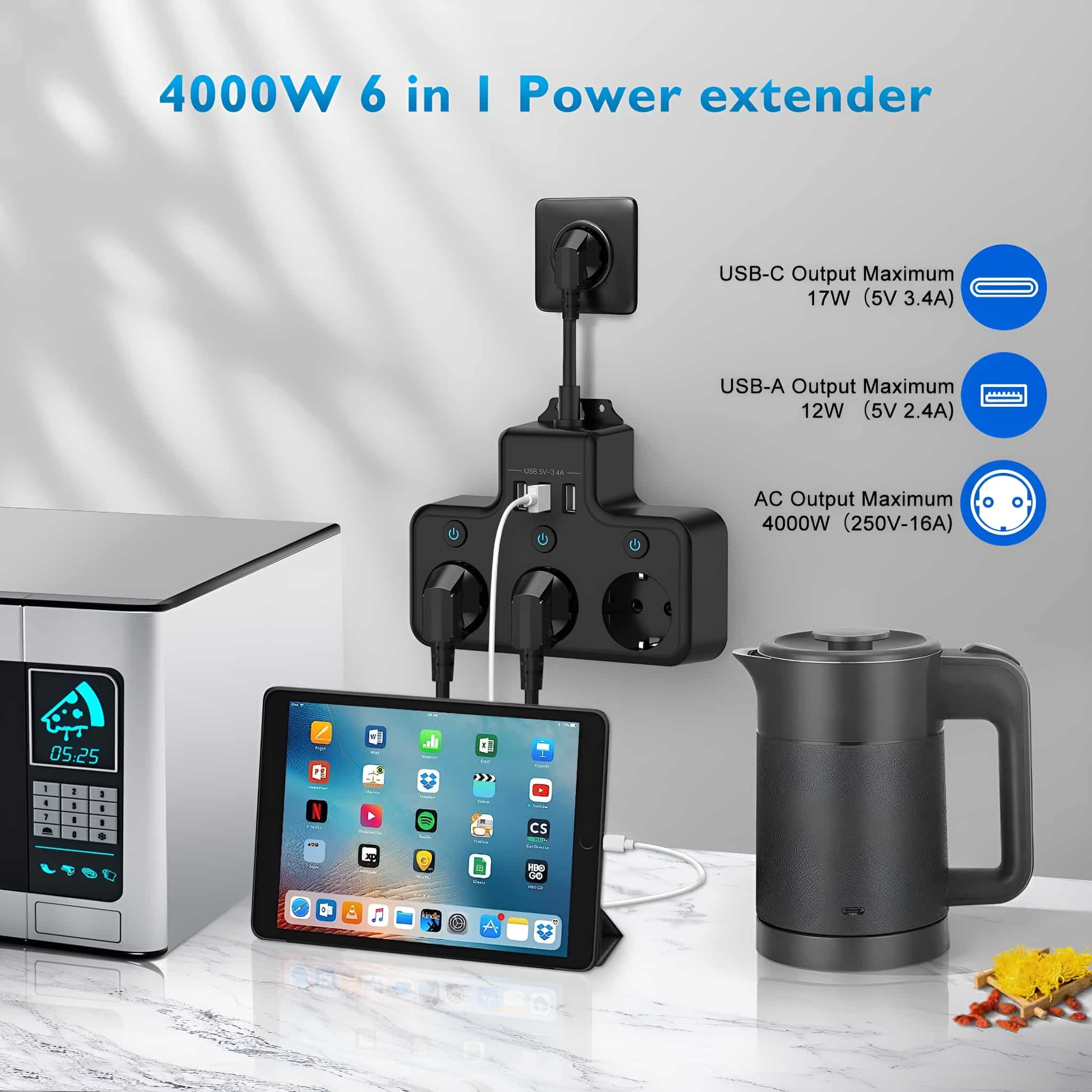 Ein Stromverlängerer mit Tablet, USB-Anschlüssen und Wasserkocher. Bietet USB-C- und USB-A-Ausgänge.