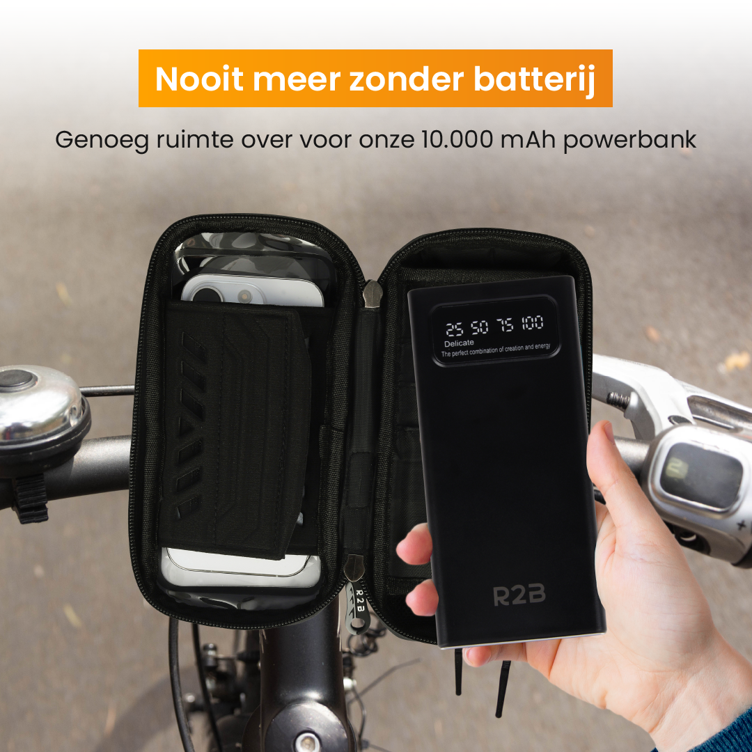Fietsstuur met telefoonhouder en powerbank met percentages.