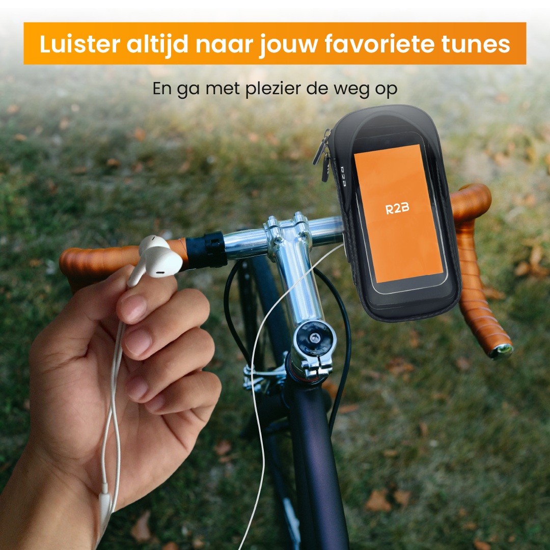 Een persoon op een fiets met koptelefoon, telefoon in stuurhouder, groene achtergrond.