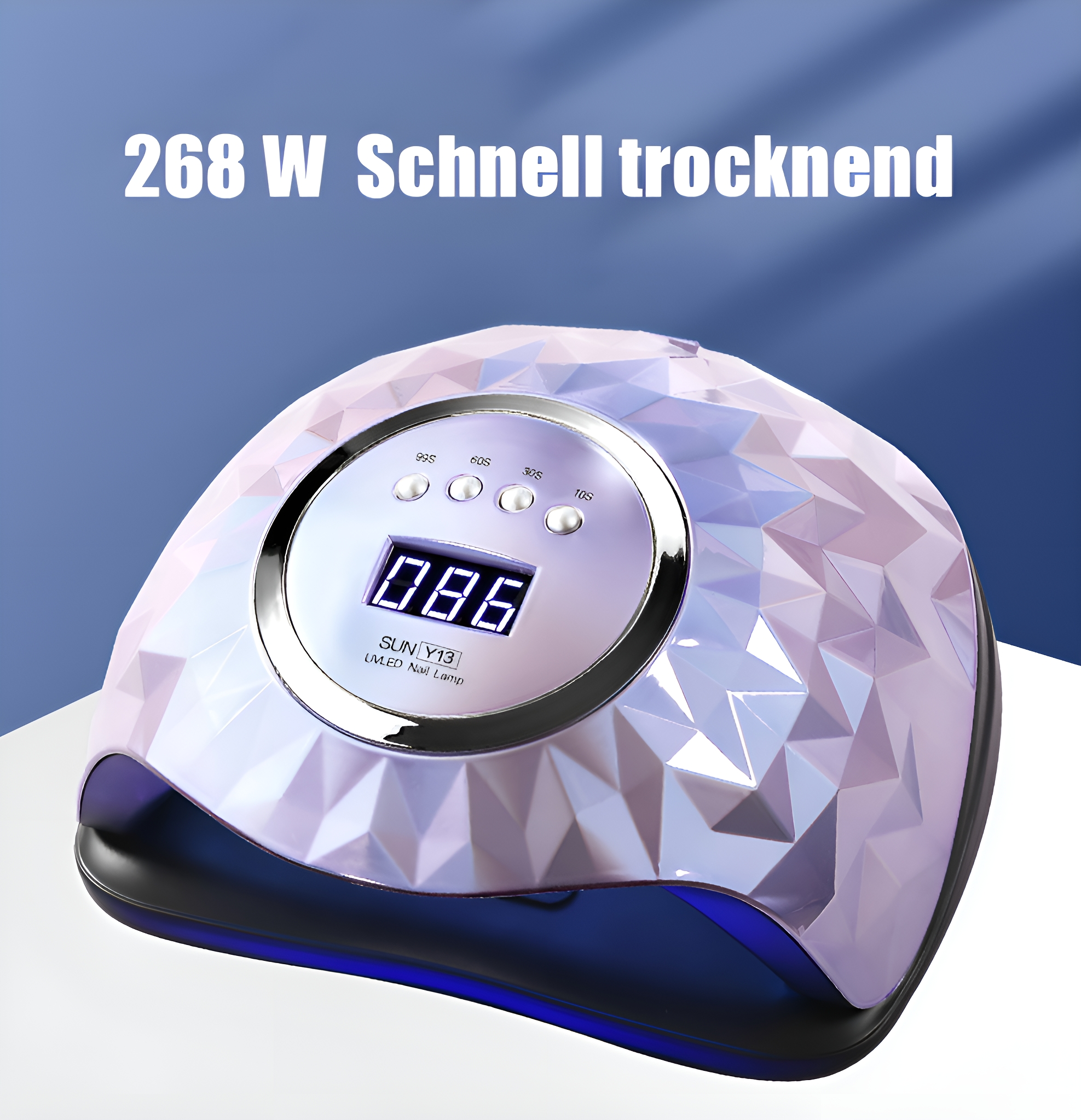 Weiße und lila Nagellampe, 086-Anzeige, mit dem Text '268 W Schnell trocknend'.