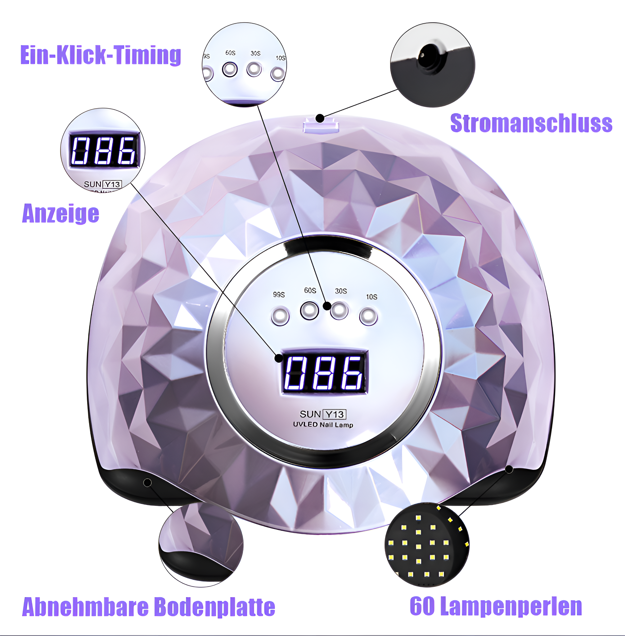 Eine lila Nagellampe mit Digitalanzeige, Steuertasten und mehreren LEDs.