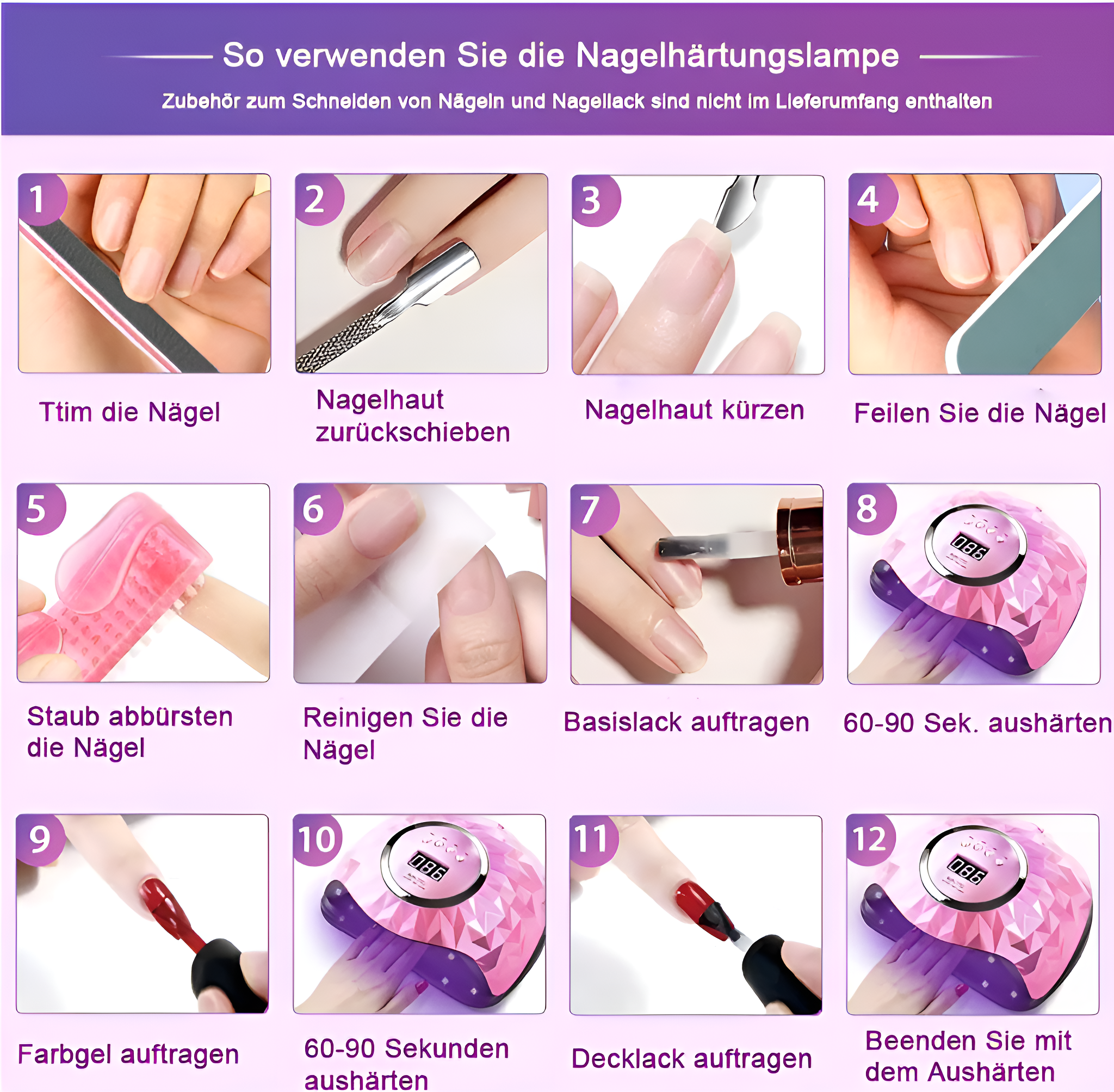 Schritt-für-Schritt-Anleitung zur Verwendung einer Nagelhärtungslampe.