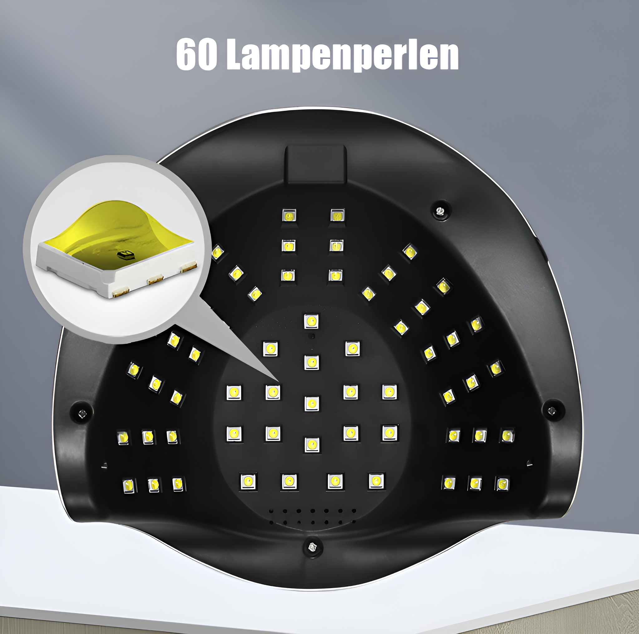 Eine UV-LED-Nagellampe, schwarz mit 60 gelben LEDs. Eine vergrößerte Ansicht zeigt das gelbe LED-Detail.