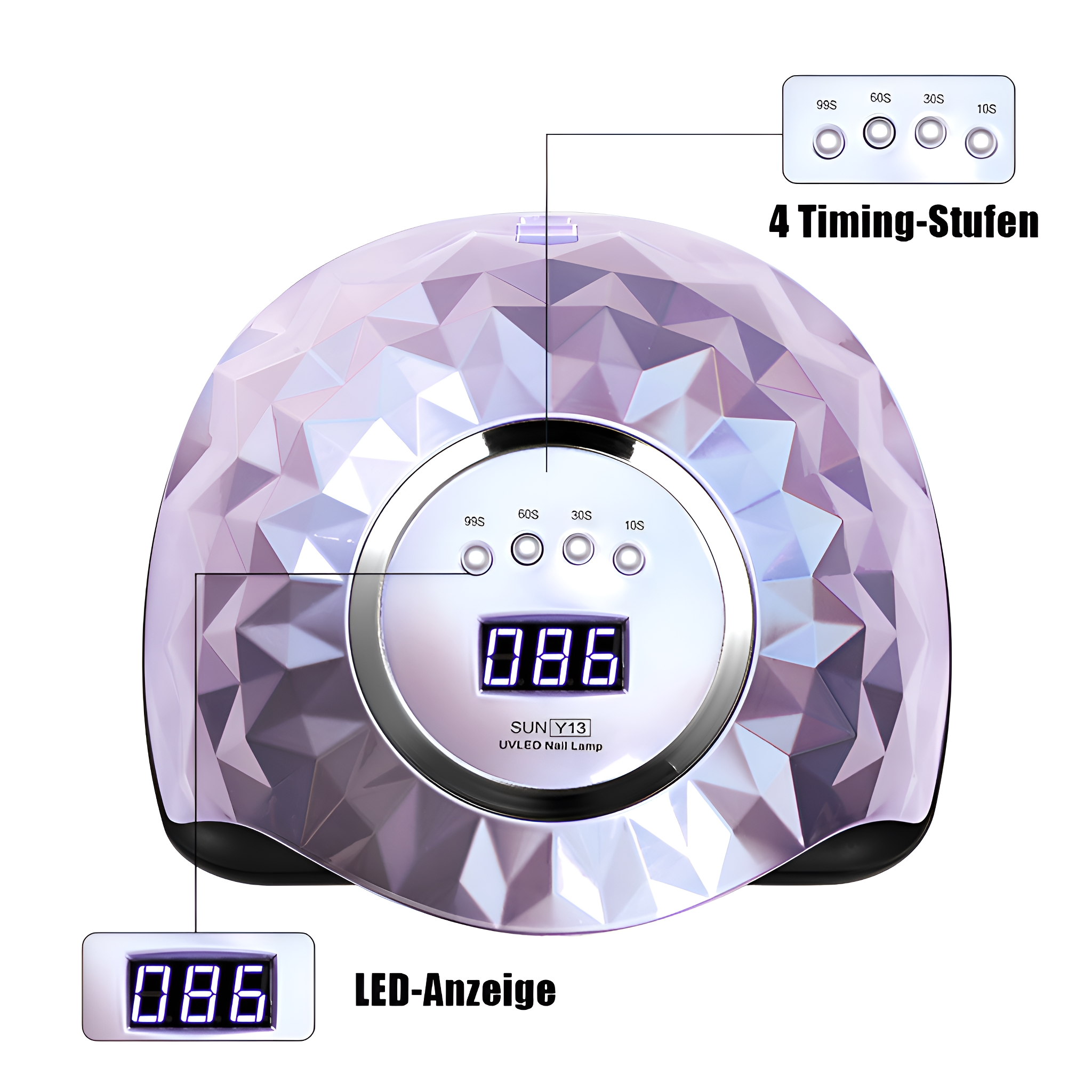 Eine rautenförmige UV-LED-Nagellampe mit digitaler Anzeige, umgeben von Zeitoptionen: 99s, 60s, 30s, 10s.