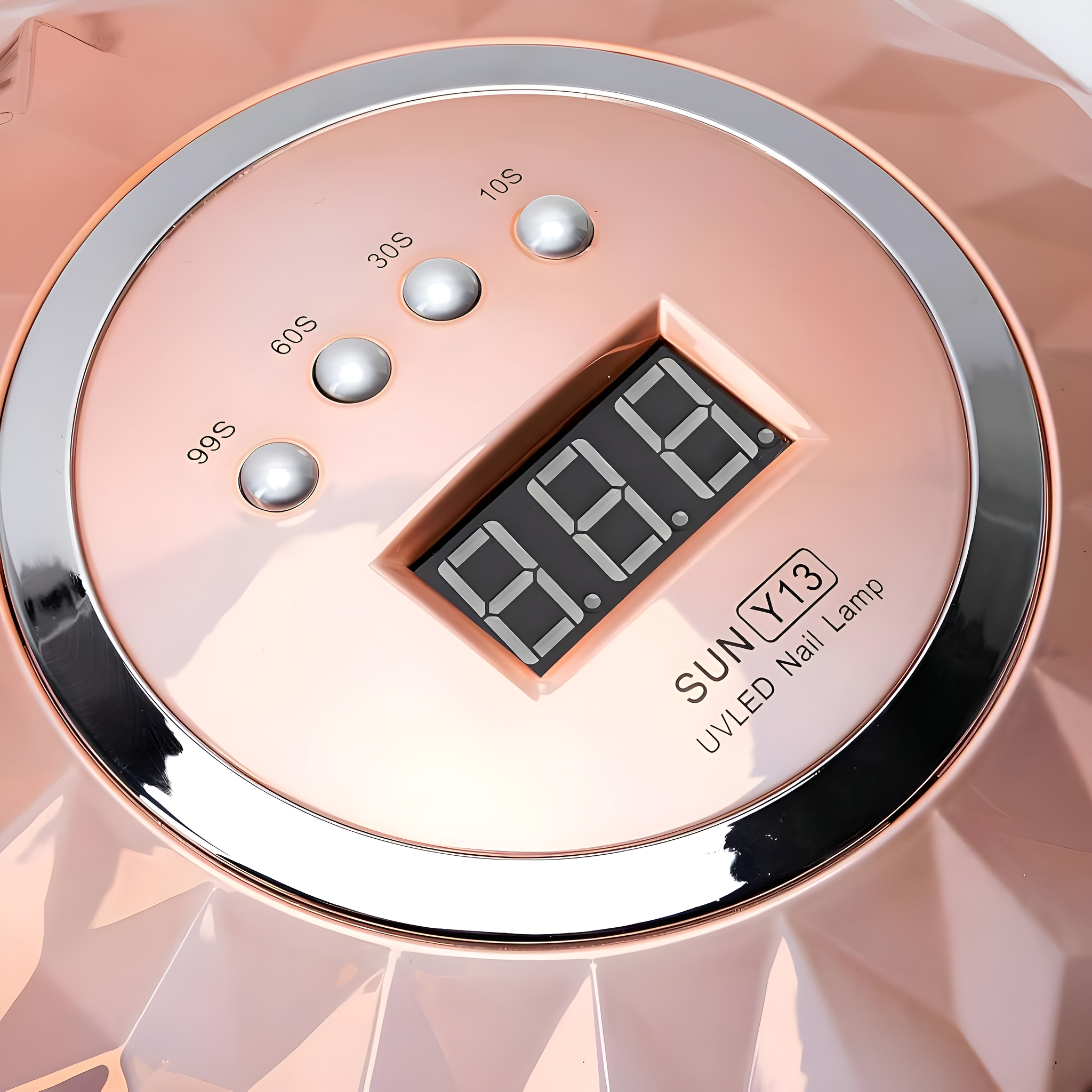 Eine Nagellampe mit digitalem Timer wird angezeigt, mit Optionen für 10, 30, 60 und 99 Sekunden.