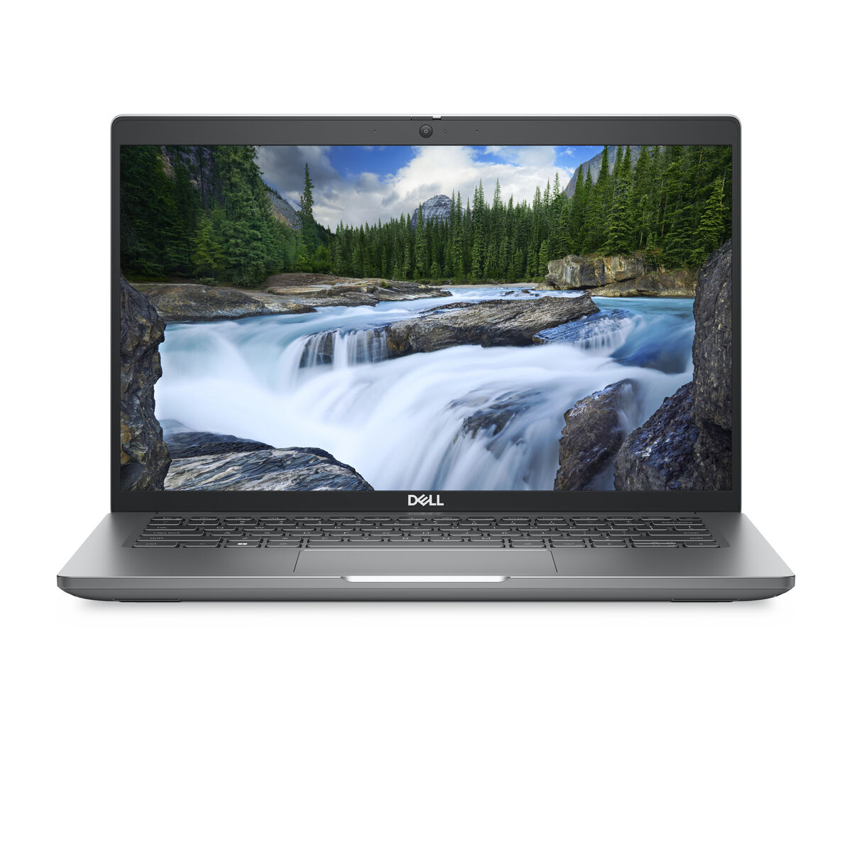 Un computer portatile su una superficie bianca. Lo schermo mostra una vista panoramica di un fiume e di una foresta.