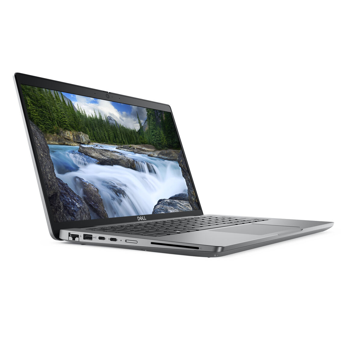 Un laptop argentato con uno schermo che mostra una scena di cascata. È aperto e angolato lateralmente.
