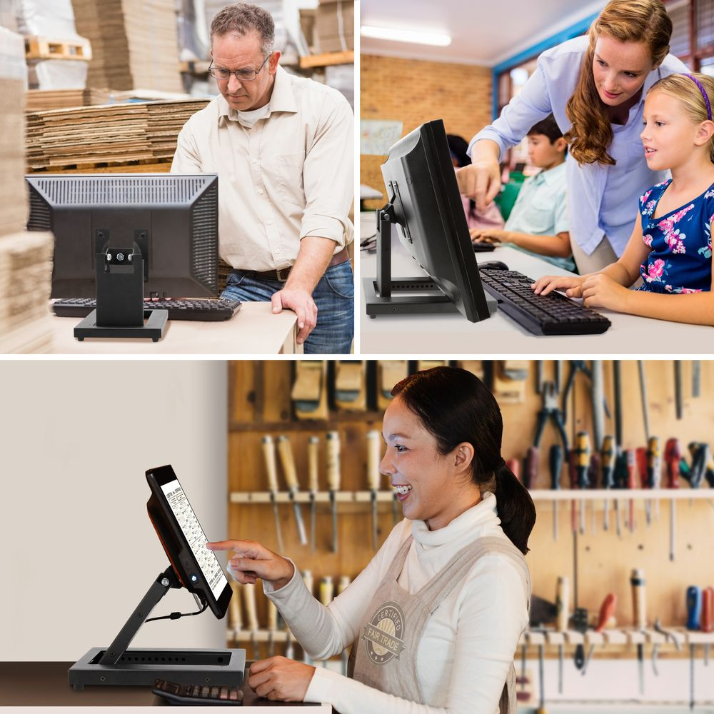 Drei Bilder zeigen Computer-Setups. Personen nutzen Computer in verschiedenen Umgebungen.