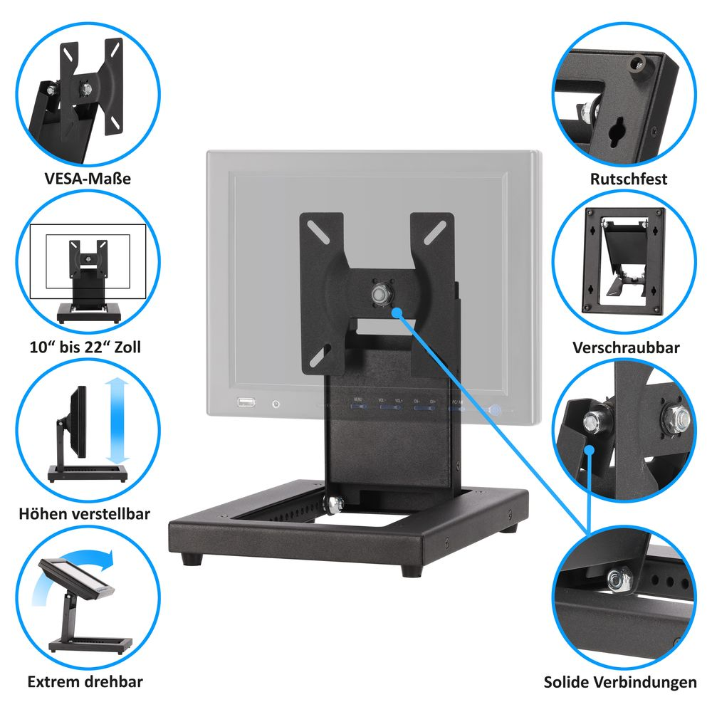 Ein schwarzer Monitorhalter mit Sockel und mehreren kreisförmigen Diagrammen.