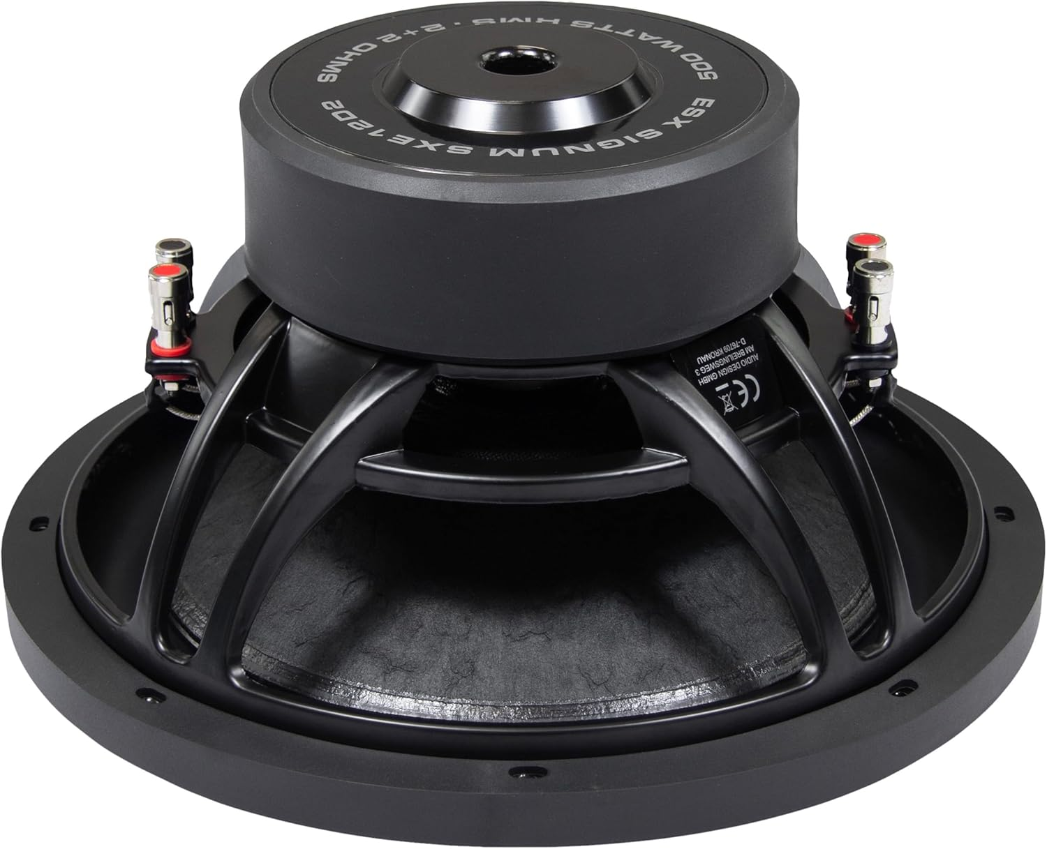 Ein schwarzer Subwoofer mit schwarzen Details auf weißem Hintergrund.