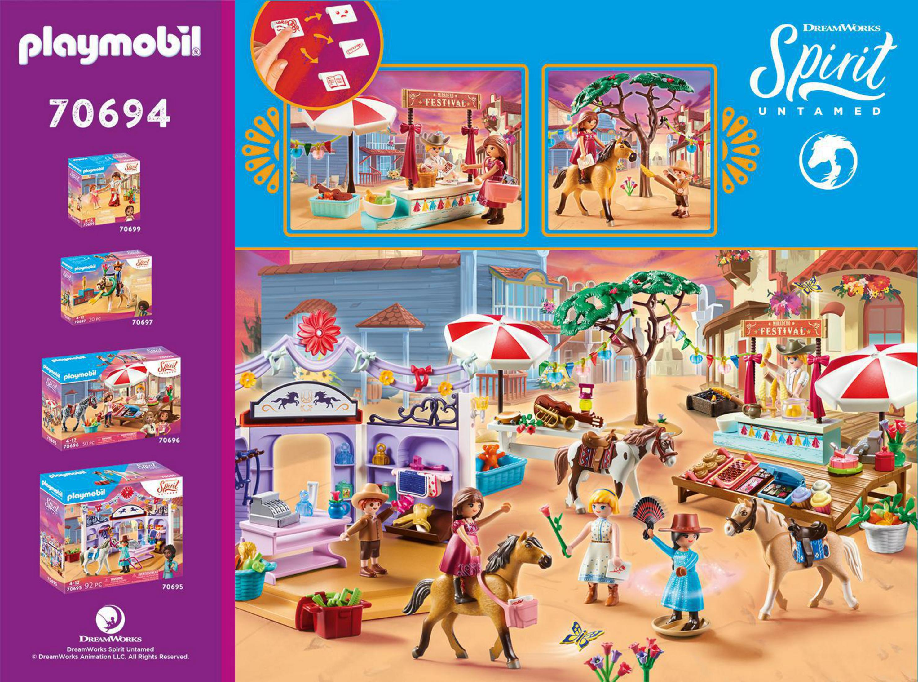Set Playmobil Spirit con figuras, caballos y escena de festival. Cajas en la esquina.