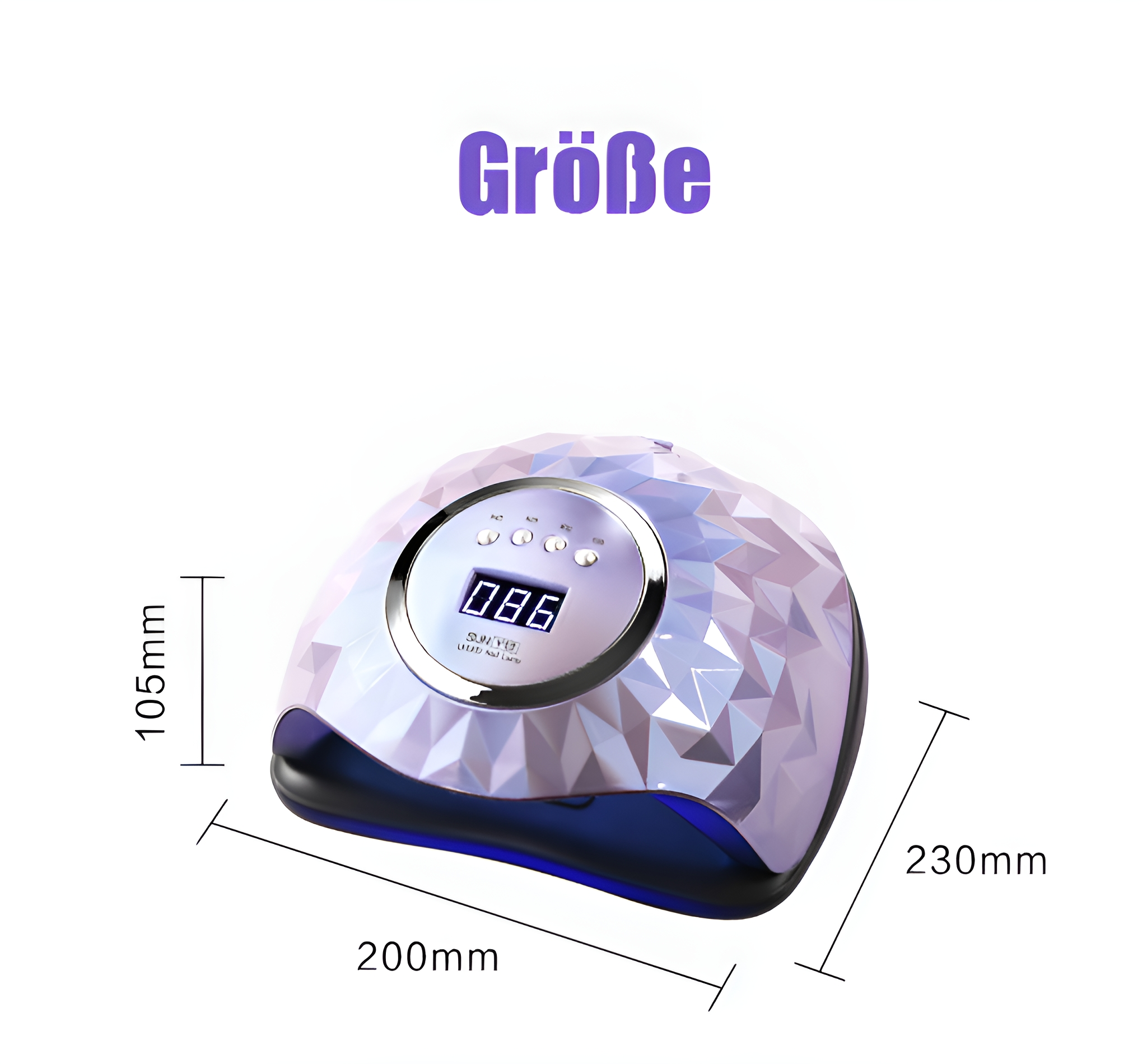 Weiß-lila Nagellampe mit Abmessungen. Die Lampe ist eingeschaltet.